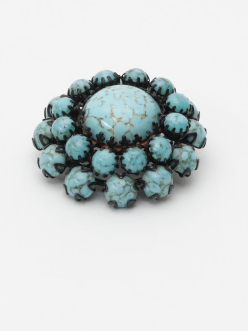 Vintage Made Austria Turquoise Glass Cabochon Black metal Brooch pin